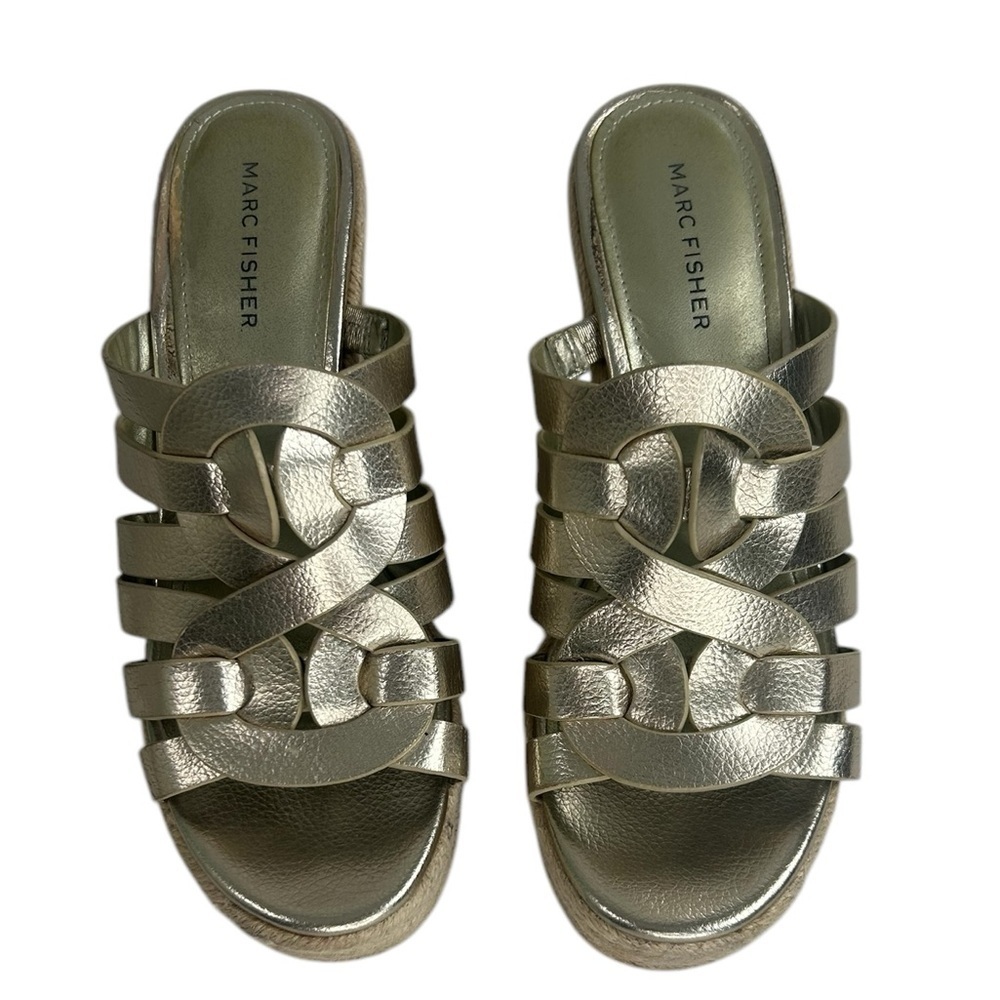 Marc Fisher Cazzie 2 Gold Faux Leather Criss Cross Strappy Wedge Sandals SZ 8.5